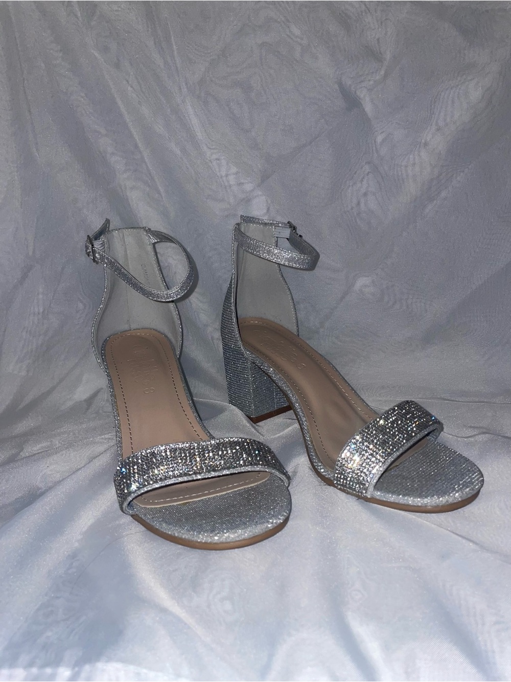Charlotte Russe Silver Glitter Rhinestone Ankle Strap Block Heel Sandals